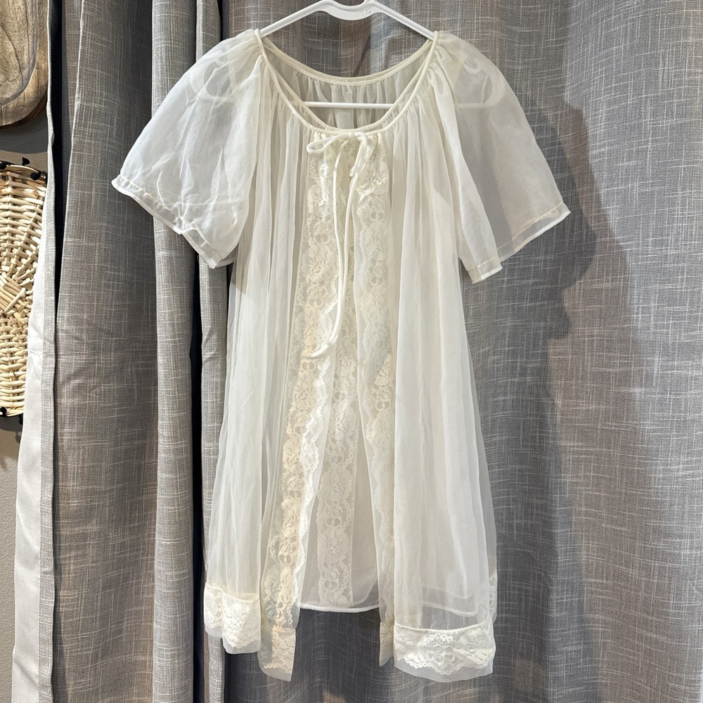 Vintage Miss Elaine Nightgown Robe Bridal Peignoir Set Union Made Cream Lace Sm